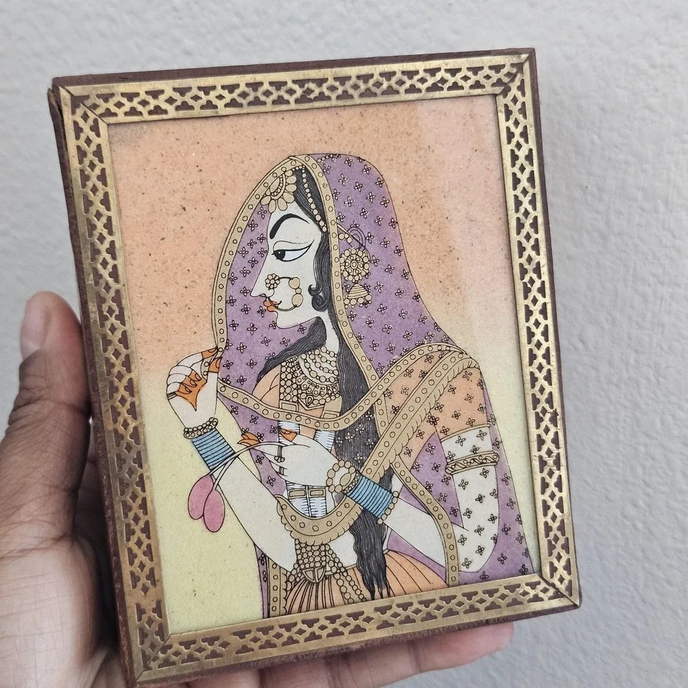 Vintage Indian Hand Painted Miniature Portrait Wood Jewelry Box Brass Inlay 5x4
